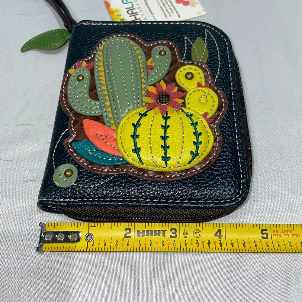 Chala Handbags Cactus Garden Zip Around Wallet Navy Blue Vegan Leather Wristlet